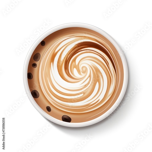 a cup of delicious mocha caramel macchiato on a white background top view