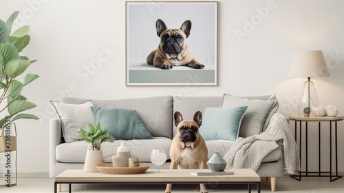 Stylish scandinavian living room interior of modern apartment with mint sofa, design coffee table, furnitures, plants and elegant accessories. Beautiful dog lying on the couch. Home decor. Template photo