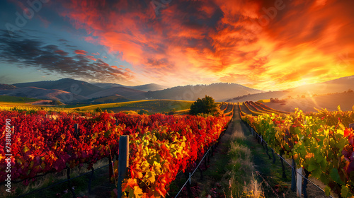 Vineyard with view of colorful autumn sunrise   Autumn sun shining on vineyard with rows of grape