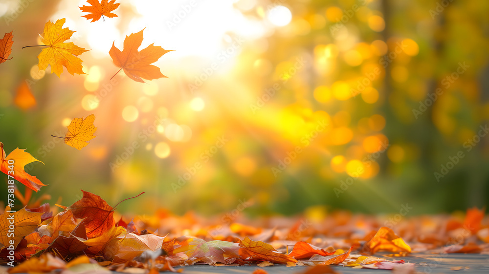 Beautiful autumn view with colorful foliage in the park. Falling leaves background with copy space and selective focus.