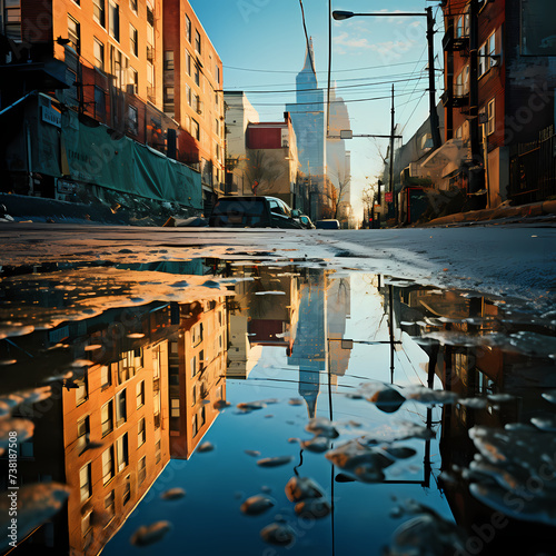 eflections in a puddle creating a distorted urban dreamscape. photo