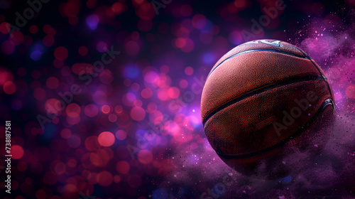 Close up of a Basketball ball in the center of the stadium, basketball ball in a stadium close up - copy space, basketball ball on the outdoors court purple sparkle, Generative Ai