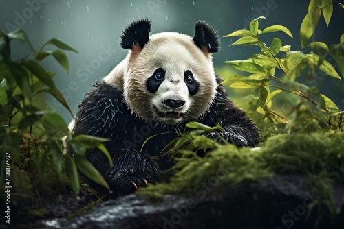 A cute panda in a forest or garden sitting and relaxing