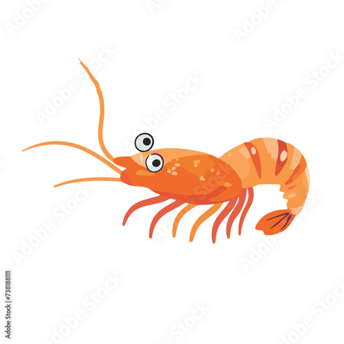 Vector illustration funny shrimp with eyes, sea creature on white background for sticker, print, poster, postcard