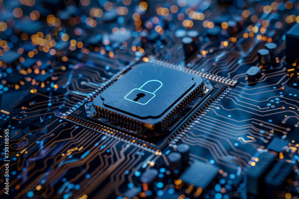 A computer chip with a padlock icon on it A computer chip with a padlock icon on it