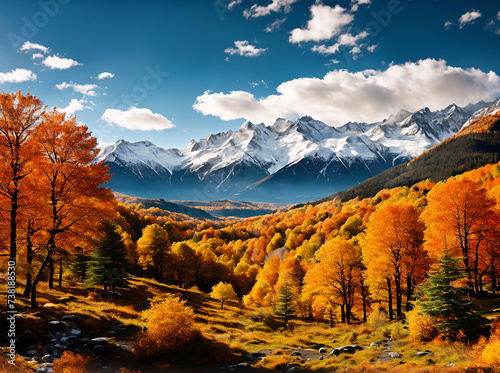 Picturesque landscape with orange autumn forest and high snow-capped mountains behind it