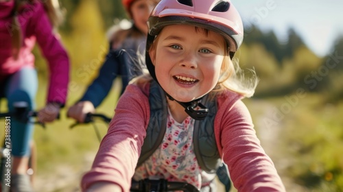 A young girl with Down Syndrome confidently riding her adaptive bicycle with her family.