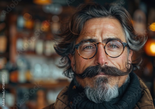 A man with a beard and glasses is wearing a scarf.