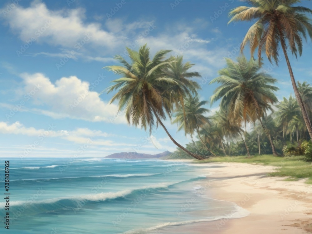 Panoramic view of a tropical beach with palm leaves