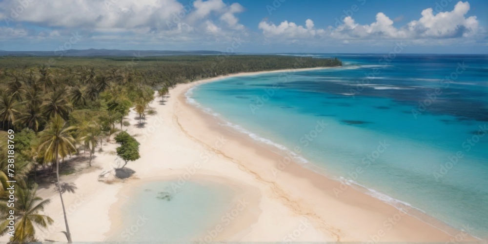 Panoramic view of a tropical beach with palm leaves