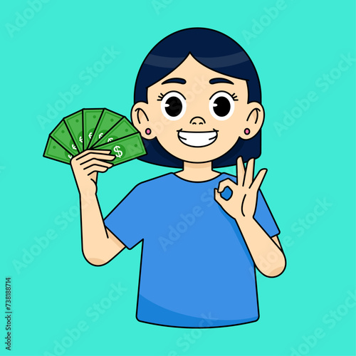 Smiling girl showing cash and showing OK gesture. That everything's alright