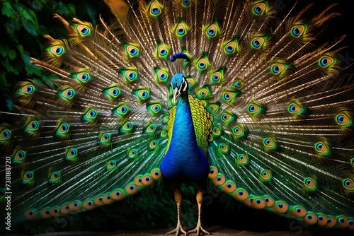 Closeup of a peacock spreading wings and feathers in a beautiful garden