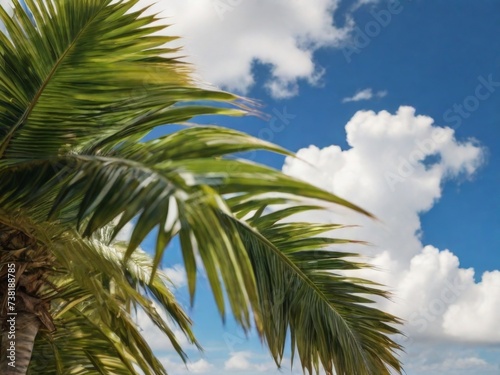 Palm leaves against a bright blue sky with fluffy white clouds