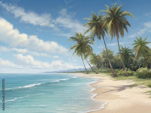 Panoramic view of a tropical beach with palm leaves