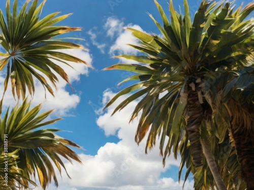 Palm leaves against a bright blue sky with fluffy white clouds