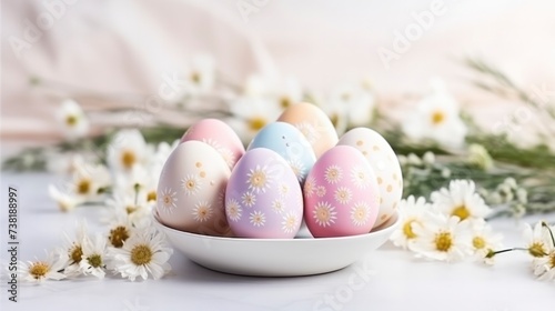 Beautiful Easter composition. Painted decorative Easter eggs and spring flowers. Holiday card, Easter background. Delicate pink pastel colors