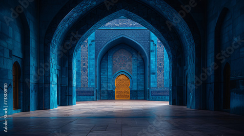 Golden door amidst blue ornate walls under arches, evoking mystery and elegance. photo