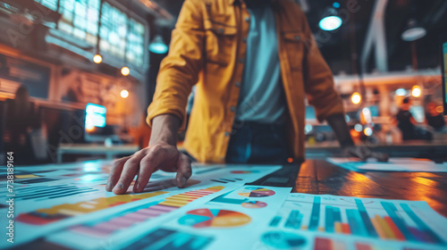 Person analyzing colorful graphs and charts on a table, illuminated by overhead lights