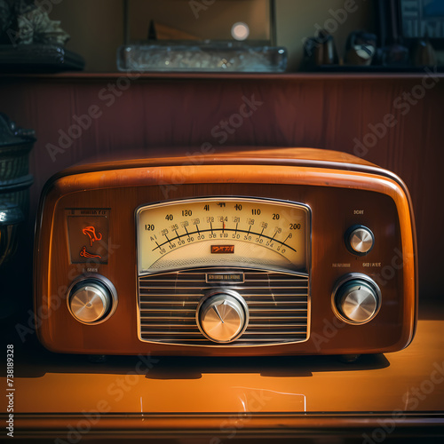 Vintage radio on a table with dials and knobs.