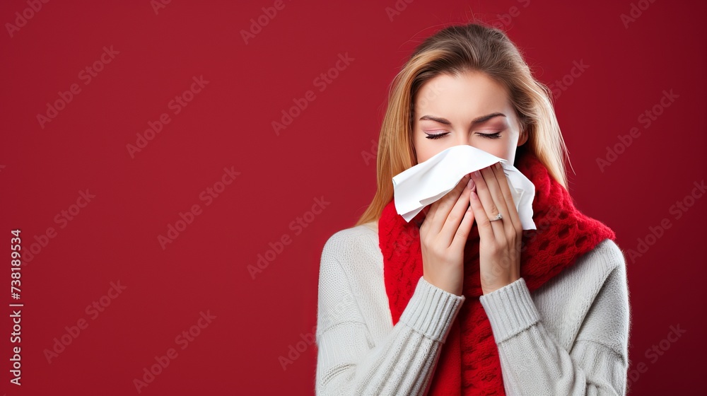 Young sad woman wearing grey sweater scarf hat hold napkin tissue blowing nose sneeze isolated on plain red background studio portrait Healthy lifestyle ill sick disease treatment cold season concept Young sad woman wearing grey sweater scarf hat hold napkin tissue blowing nose sneeze isolated on plain red background studio portrait Healthy lifestyle ill sick disease treatment cold season concept
