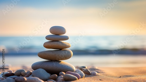 Zen stone on beach for perfect meditation. Calm zen meditate background with rock pyramid on sand