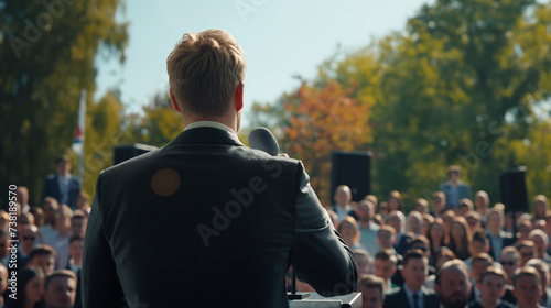 Man - Politician makes a speech into a microphone on a holder, turning his back to the camera lens, in front of a crowd of political party members