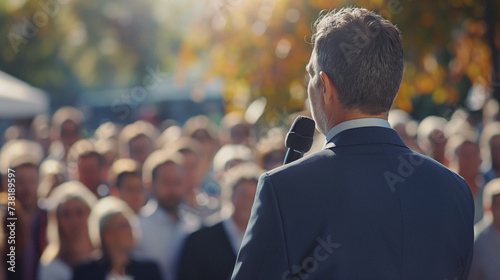 Man - Politician makes a speech into a microphone on a holder, turning his back to the camera lens, in front of a crowd of political party members © GeorgeAI