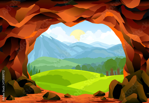 Cave landscape. Summer nature scene of cave entrance. Prehistoric dungeon, rock cavern game illustration. Vector illustration of tunnel in mountain or mine in rocks