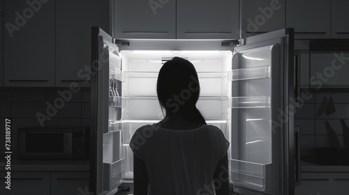 Woman stands with her back to the camera lens in front of an open and completely empty refrigerator in the kitchen