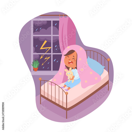Kids fears vector illustration. Scared crying girl afraid of thunderstorm. Brontophobia. Childish phobia. Frightened cartoon young female character in dark bedroom. Kid psychologic support