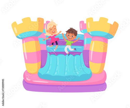 Kids playground vector illustration. Boy and a girl jump on trampoline bouncy castle. Children game center in mall. Indoor or outdoor kids play zone. Active leisure fun happy childhood concept