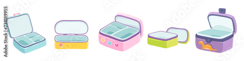 Empty open color lunchbox set vector illustration. School or office food containers. Breakfast, lunch, dinner boxes for kids or students. Bento. Homemade nutrition. Healthy food concept photo