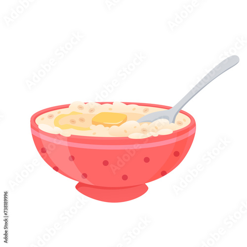 Oatmeal bowl with butter and spoon. Cereal porridge for breakfast. Oat food. Natural product. Healthy food concept. Cartoon vector illustration