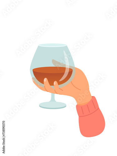 Person hand with glass of alcohol cocktail or drink vector illustration isolated on white background. Man or women holds goblet with wine, whisky, cognac. People celebrating with toasts and cheering