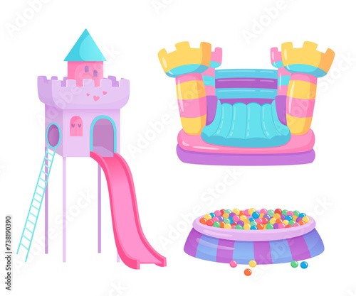 Kids playground vector illustration set. Children game center in mall. Indoor or outdoor kids play zone. Trampoline bouncy castle, plastic slide, ball pool. Active leisure fun happy childhood concept