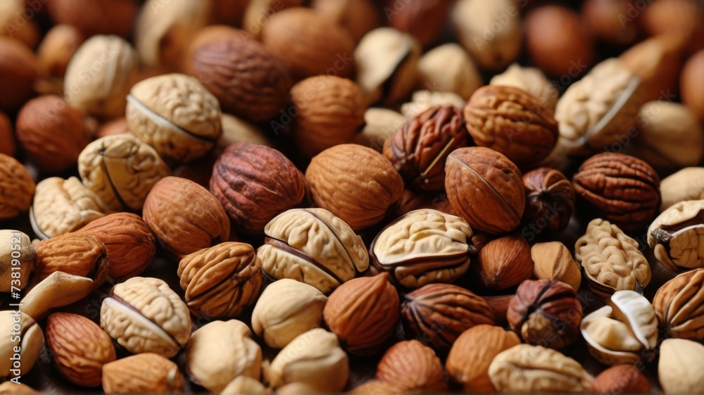 A background texture made from a blend of whole and chopped mixed nuts A background texture made from a blend of whole and chopped mixed nuts