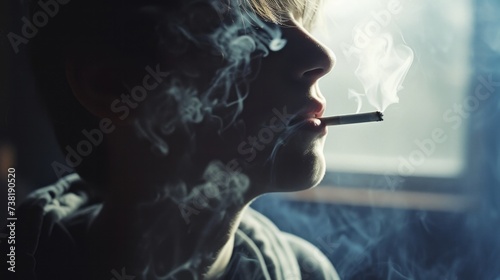 teenager smokes cigarette, concept of early smoking and harm to health in children