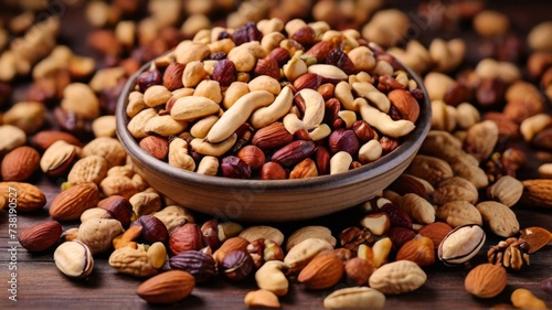 A background texture made from a blend of whole and chopped mixed nuts