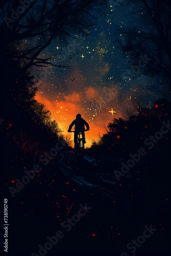 man walking down path night skateboard background stars bicycles fire colors embers adrift air forest travelers bright flare fireflies silhouette