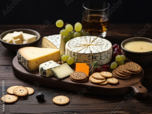 Various types of cheese, including blue cheese, camembert, and parmesan, displayed on a dark wooden surface