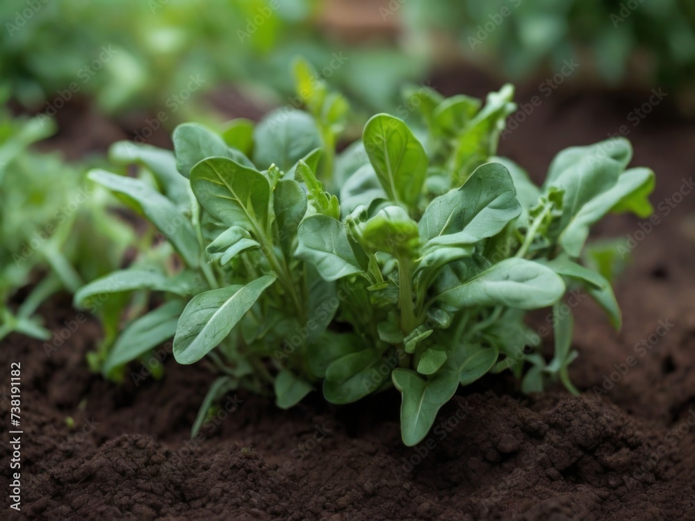 Ripe Arugula growing in soil in garden Ripe Arugula growing in soil in garden