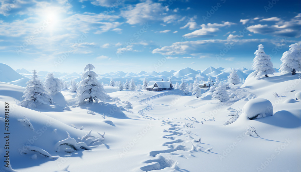 Winter landscape snow covered mountains, tranquil forest, blue sky generated by AI
