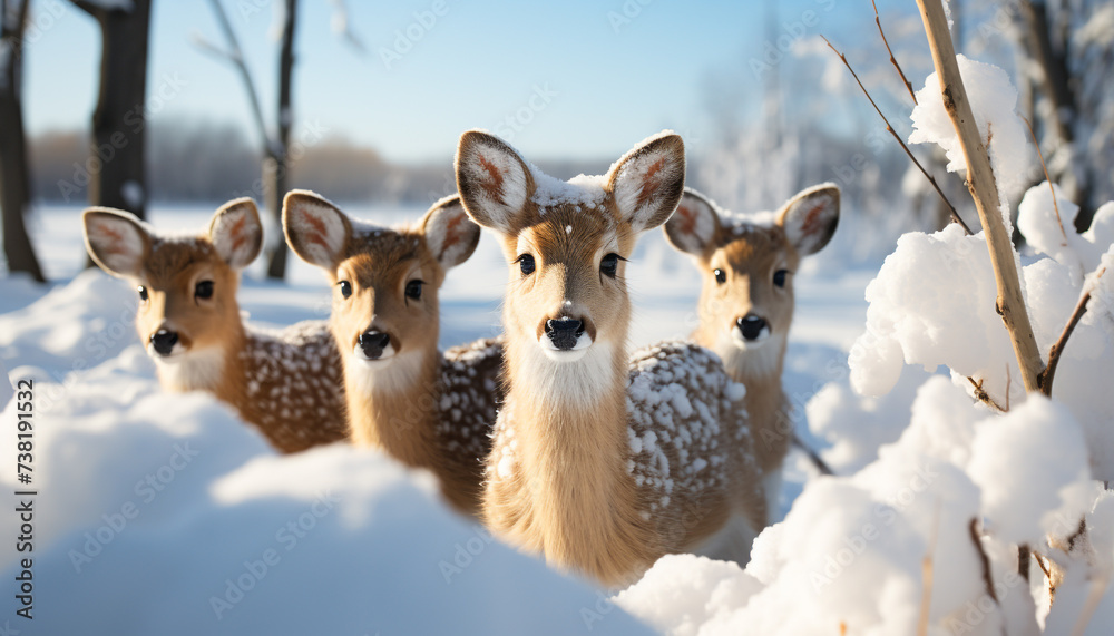 Cute young deer looking at camera in snowy forest generated by AI Cute young deer looking at camera in snowy forest generated by AI