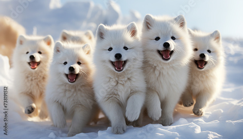 Cute puppy playing in snow, surrounded by fluffy white friends generated by AI photo