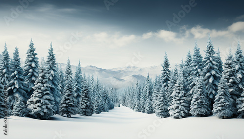 Tranquil winter landscape snow covered mountains, pine trees, and blue sky generated by AI © djvstock
