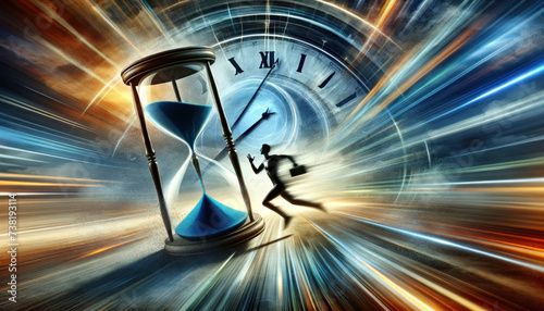 Rush Against Time with Hourglass and Silhouette of a Running Person photo