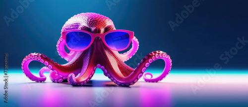 Realistic octopus dancing in neon light with blue sunglasses, 3D rendering, neon light studio in background. Advertising banner concept, postcard. Copy space