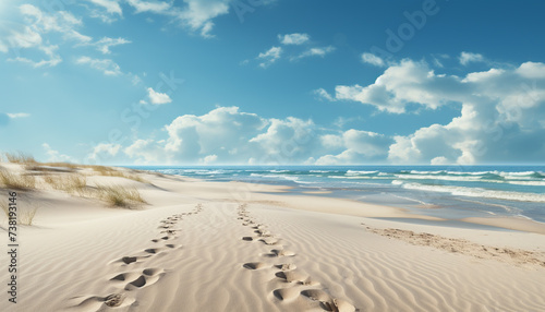 Blue sky, sandy dunes, tranquil waves, summer vacation by the coast generated by AI