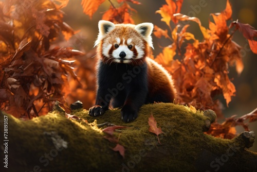 Closeup of a red panda in a forest photo