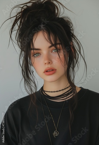 closeup woman hair necklace alluring lips girl long wild spiky manuka noire wildly attractive teen unbelievably kami black freckles nose convertible mesh shirt cap